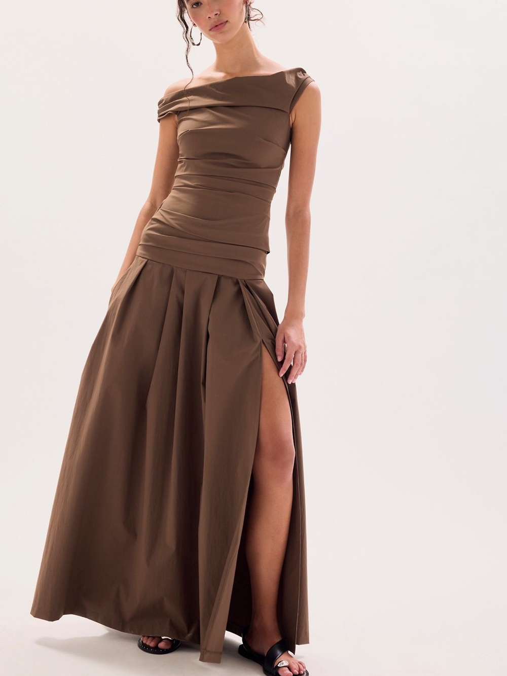 Bec + Bridge Apolline Elegant Off-Shoulder Brown Maxi Dress